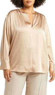 Vince Smocked Shoulder Long Sleeve Satin Blouse