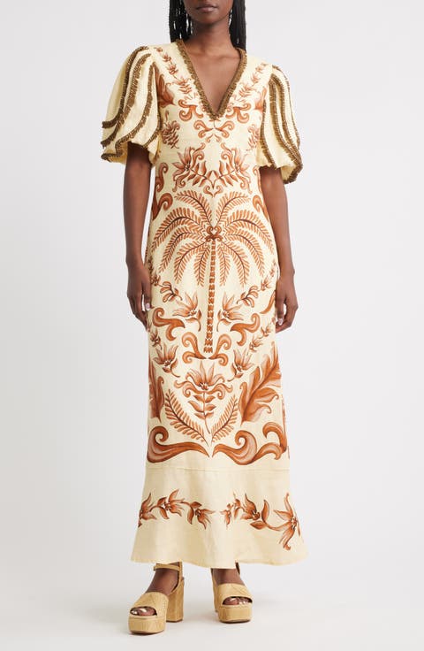 Milani Bead Trim Mixed Print Linen Maxi Dress