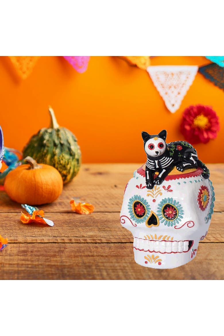 Laying Down Festive Feline Cat Sugar Skull Decorative Tabletop Table Figure Figurine, Alternate, color, White