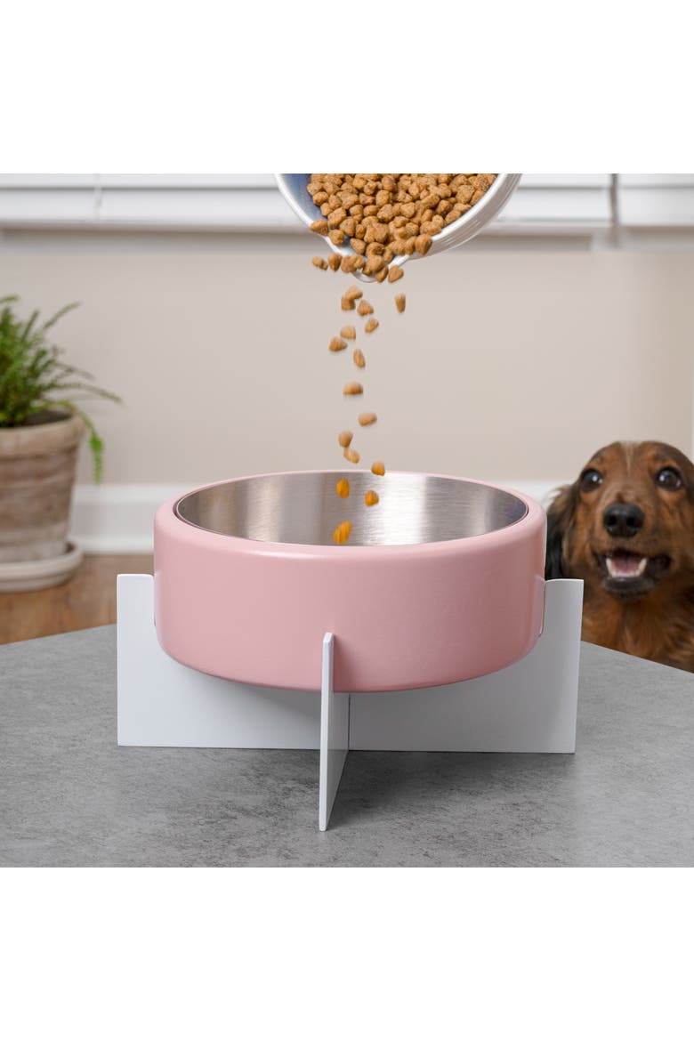 Intersecta Concrete and Stainless Steel Bowl with Metal Stand Pet Feeder, Alternate, color, Pink/White
