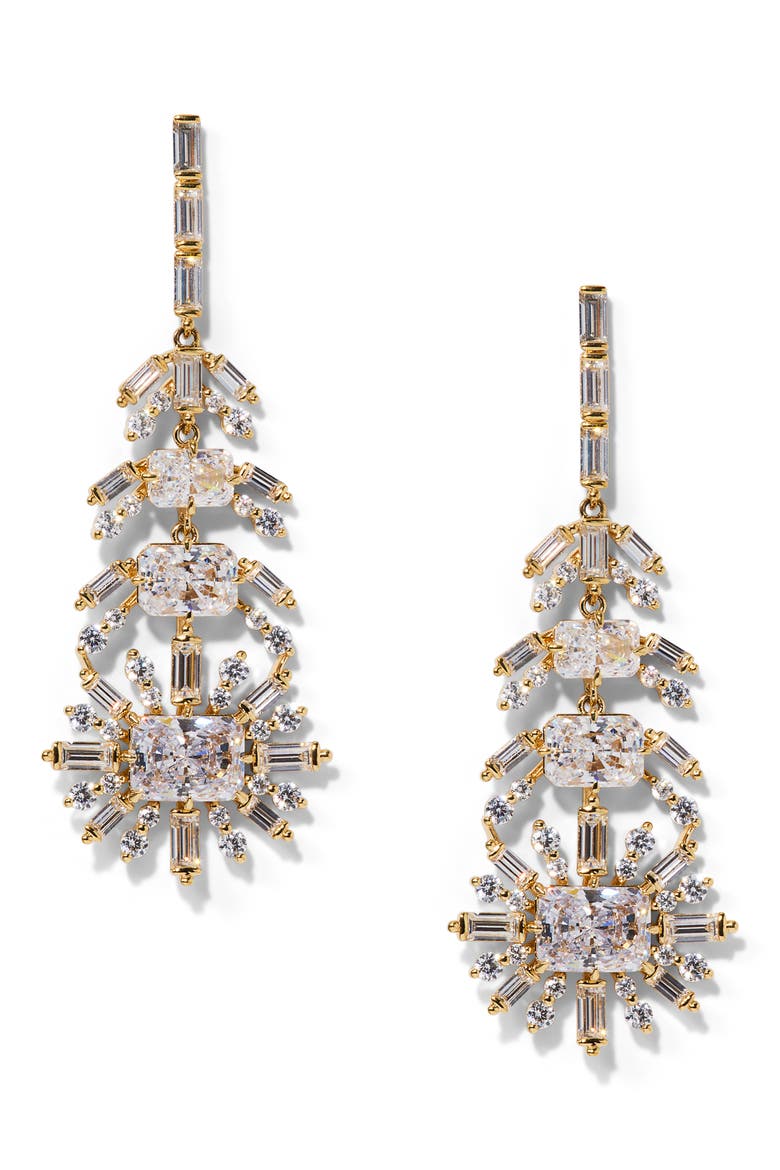 Stellar Feather Cubic Zirconia Drop Earrings, Main, color, GOLD