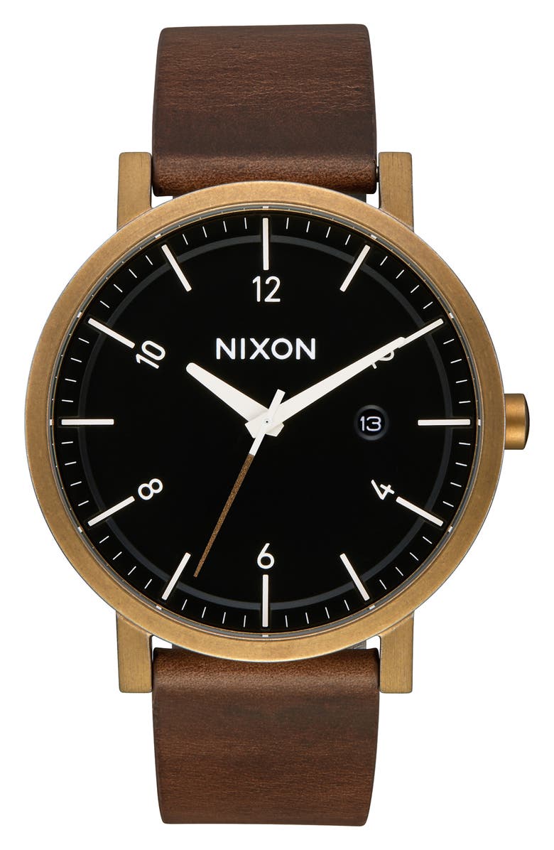Nixon 'Rollo' Leather Strap Watch, 42mm, Main, color, 