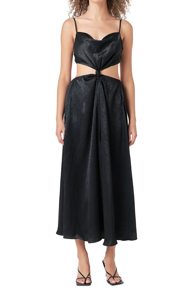 Front Twist Satin Midi Dress, Main, color, BLACK