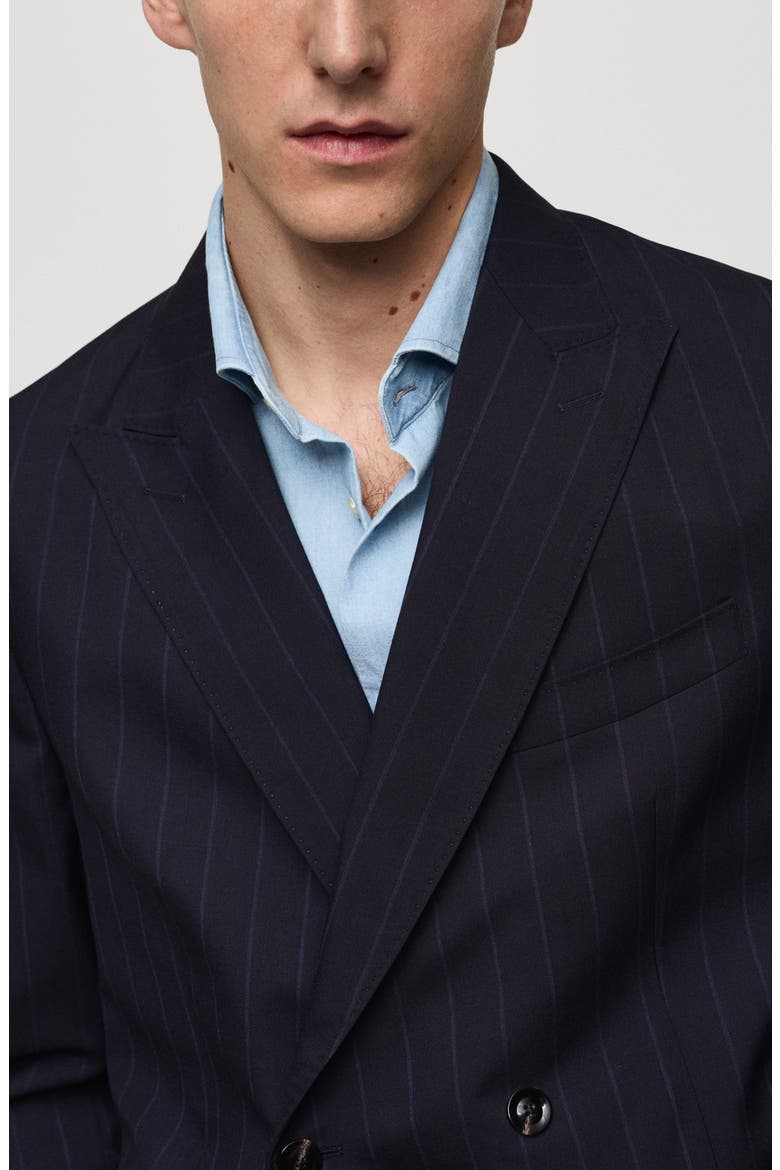 Double Breasted Pinstripe Virgin Wool Blazer, Alternate, color, DARK NAVY