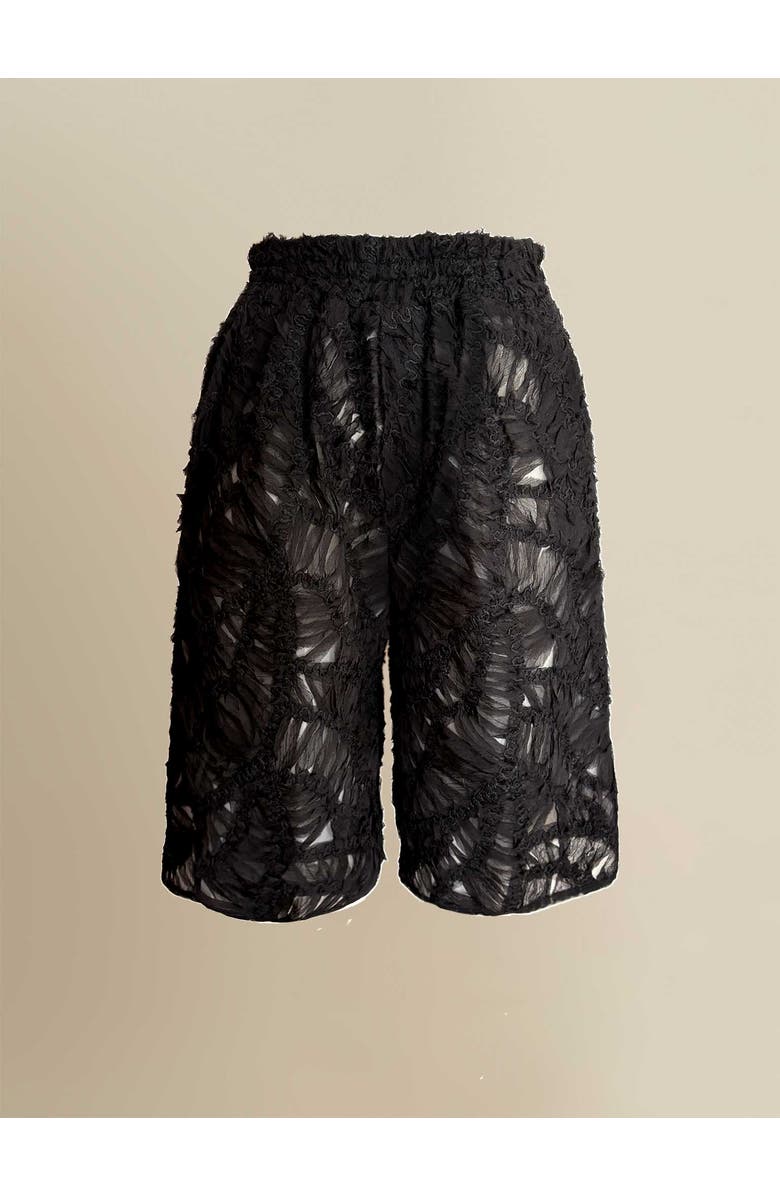 Contessa Mills Fleur Sheer Lace Relaxed High-Waist Boyfriend Shorts, Main, color, Black