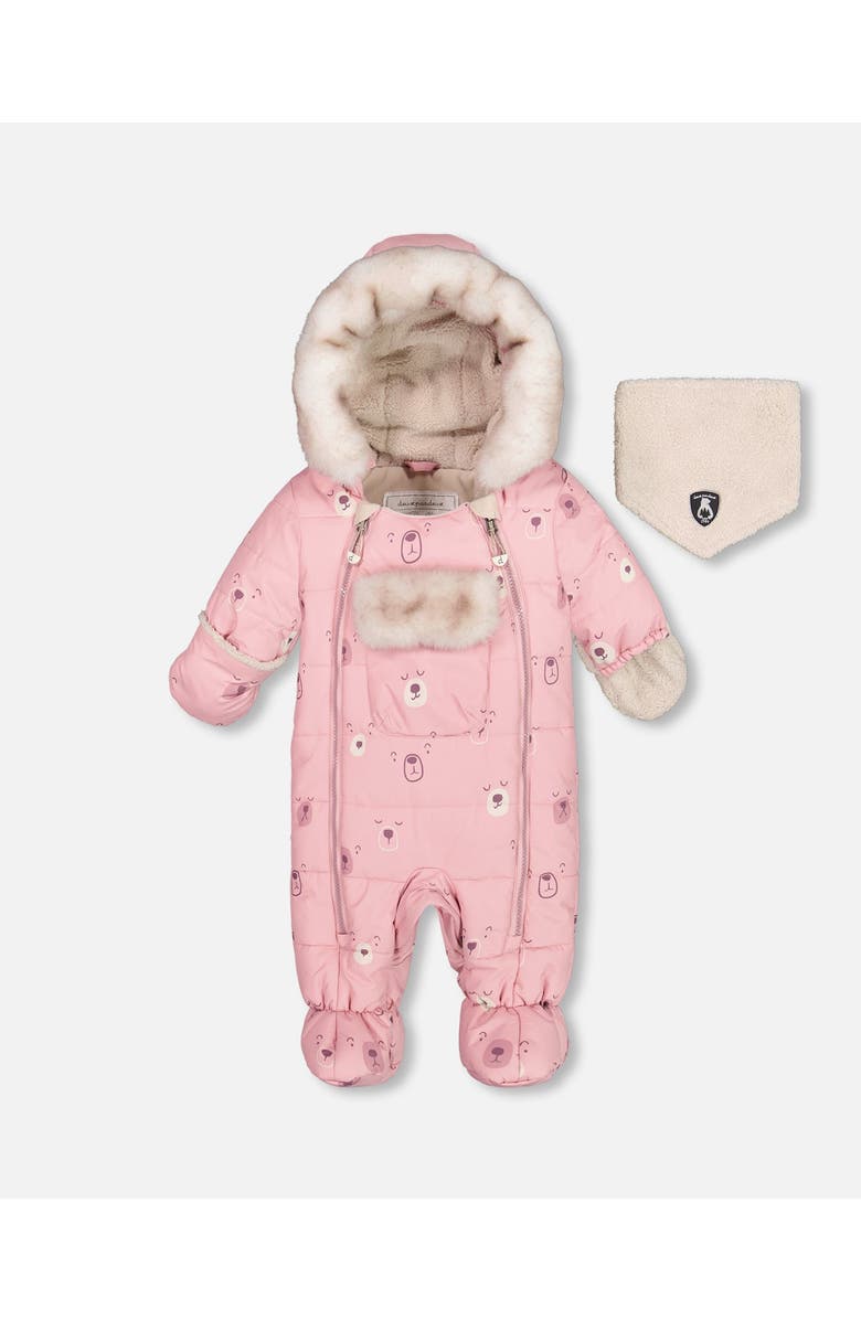 Deux par Deux Baby Girl's One Piece Baby Snowsuit Pink Bears Designed For Car Seat, Main, color, 