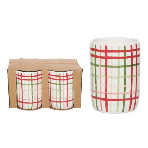 Set of 4 Ceramic Plaid Tumblers Decorative Drinking Glasses