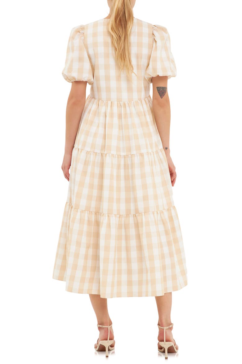 Gingham Tiered Puff Sleeve Dress, Alternate, color, TAUPE