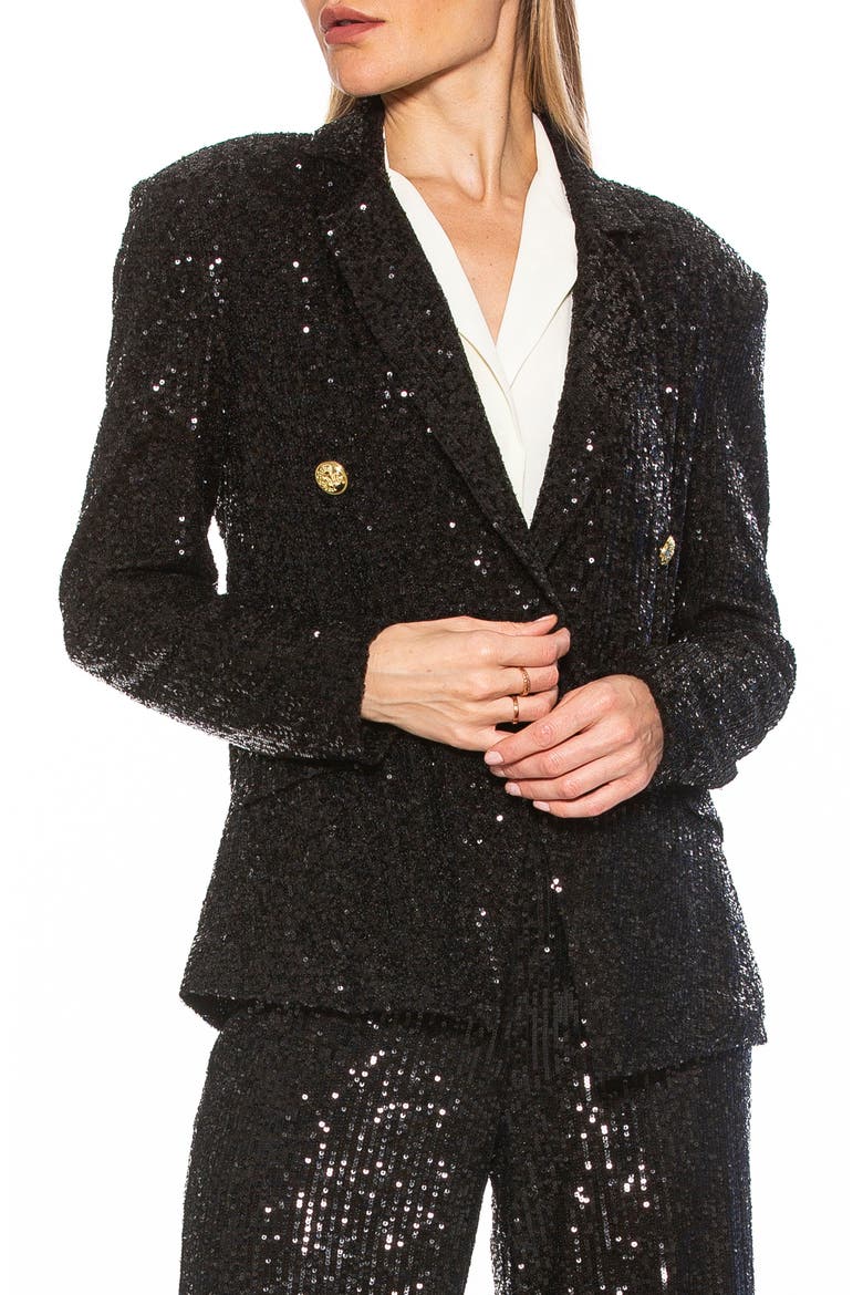 Abbi Longline Double Breasted Sequin Blazer, Main, color, BLACK