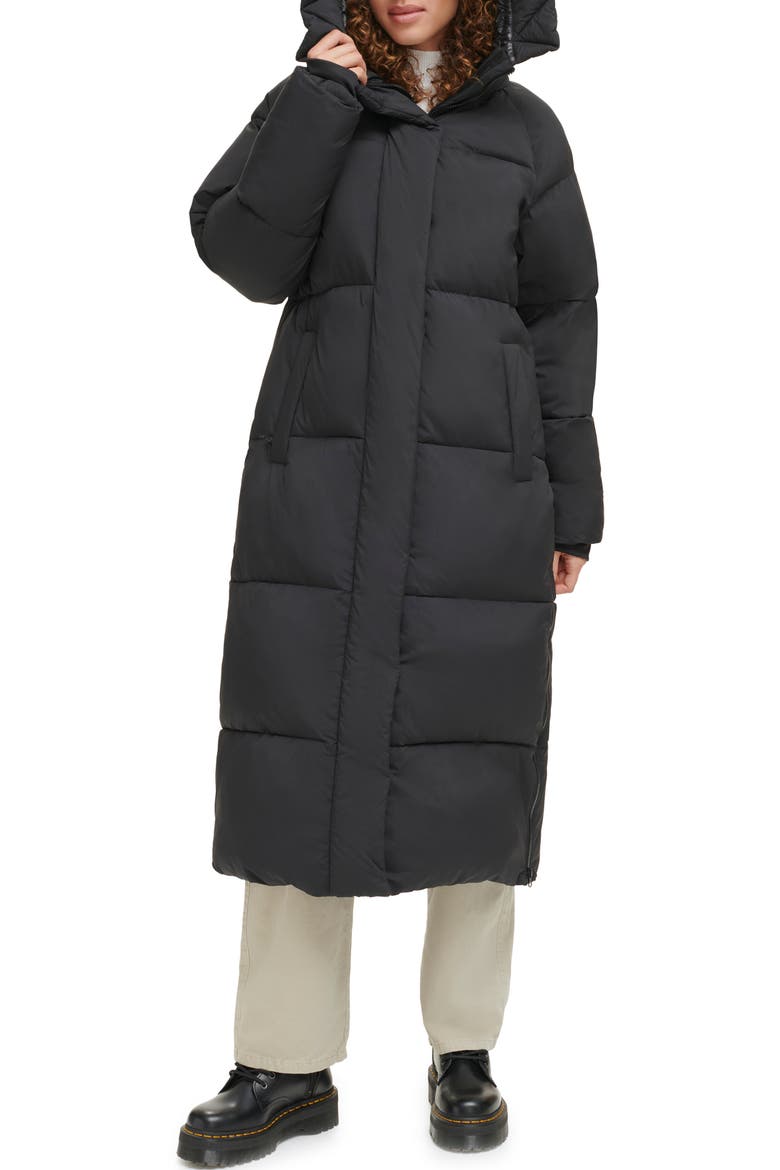 Side Zip Hooded Maxi Puffer Jacket, Alternate, color, BLACK