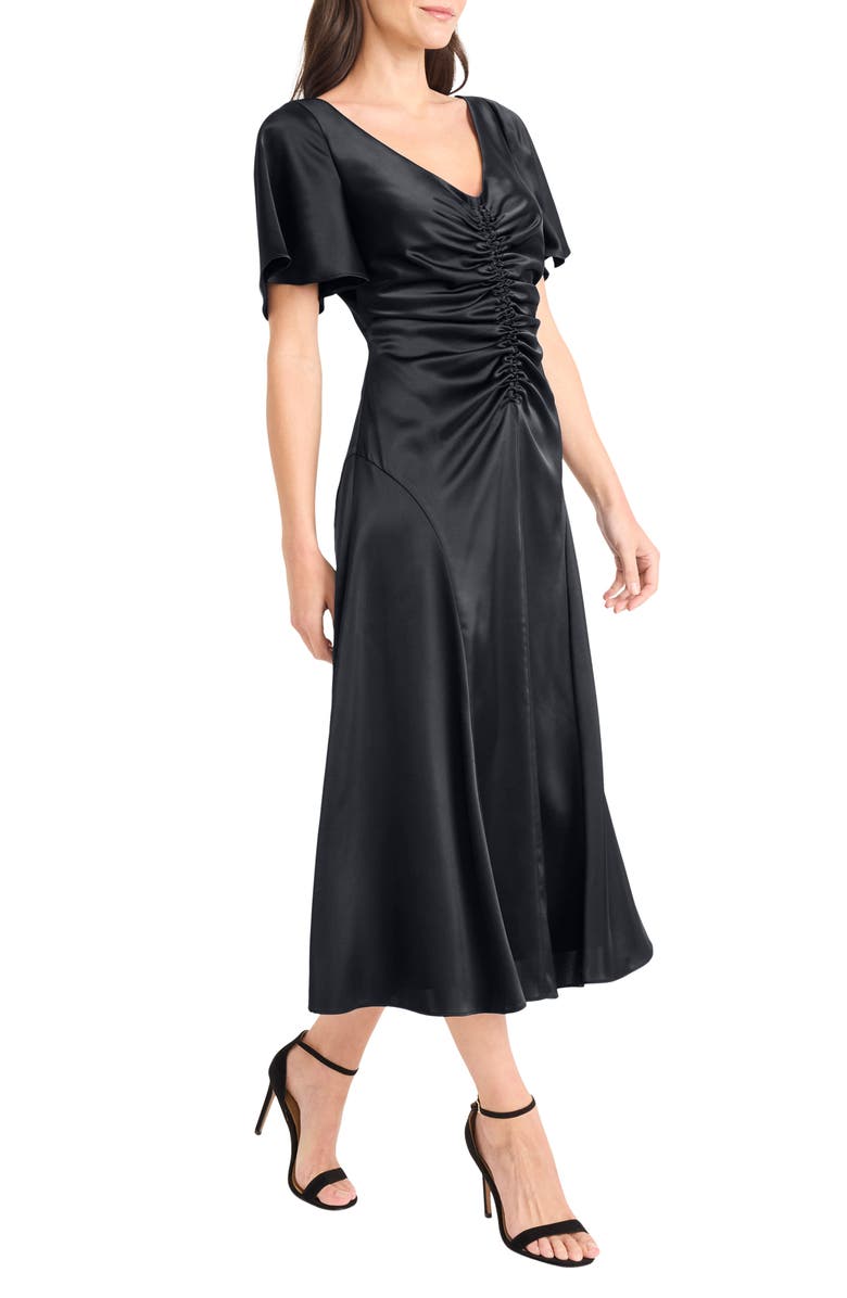 Maggy London Flutter Sleeve Ruched Satin Midi Dress, Alternate, color, Black
