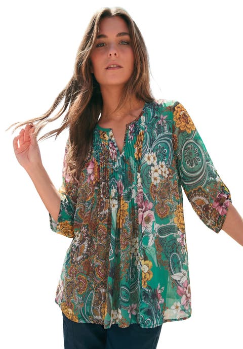 Plus Size Tara Pleated Shirt Adjustable 3/4 Sleeve Swing Tunic With Notch Collar