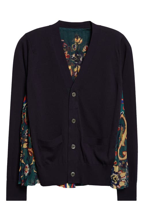 Sacai Floral Panel Mixed Media Cardigan In Black