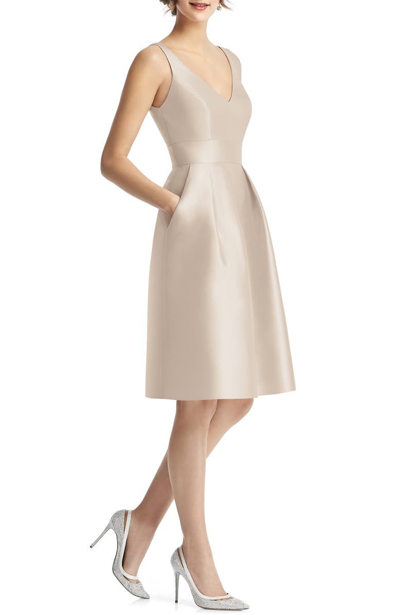 Alfred Sung V-Neck Satin Cocktail Dress, Main, color,