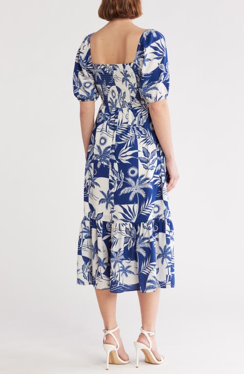 Melrose And Market Smocked Puff Sleeve Midi Dress In Blue- Ivory Belle Floral