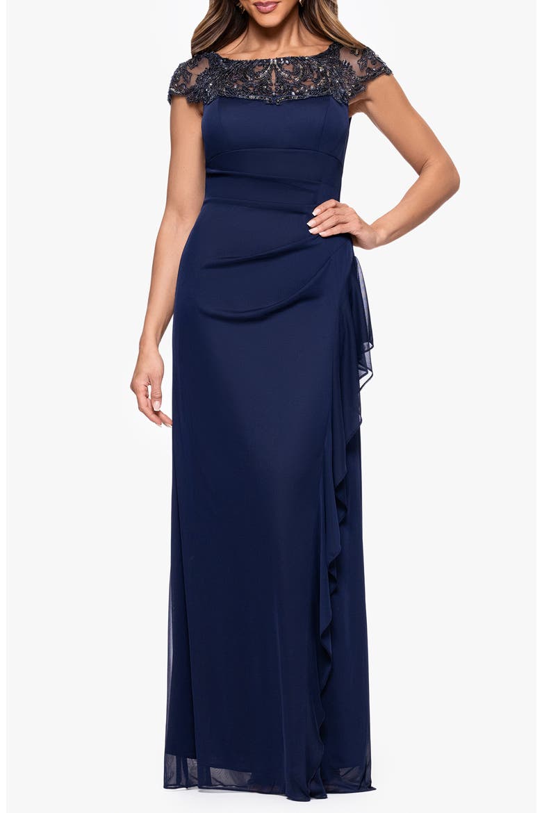 Embellished Illusion Yoke Column Gown, Main, color, NAVY