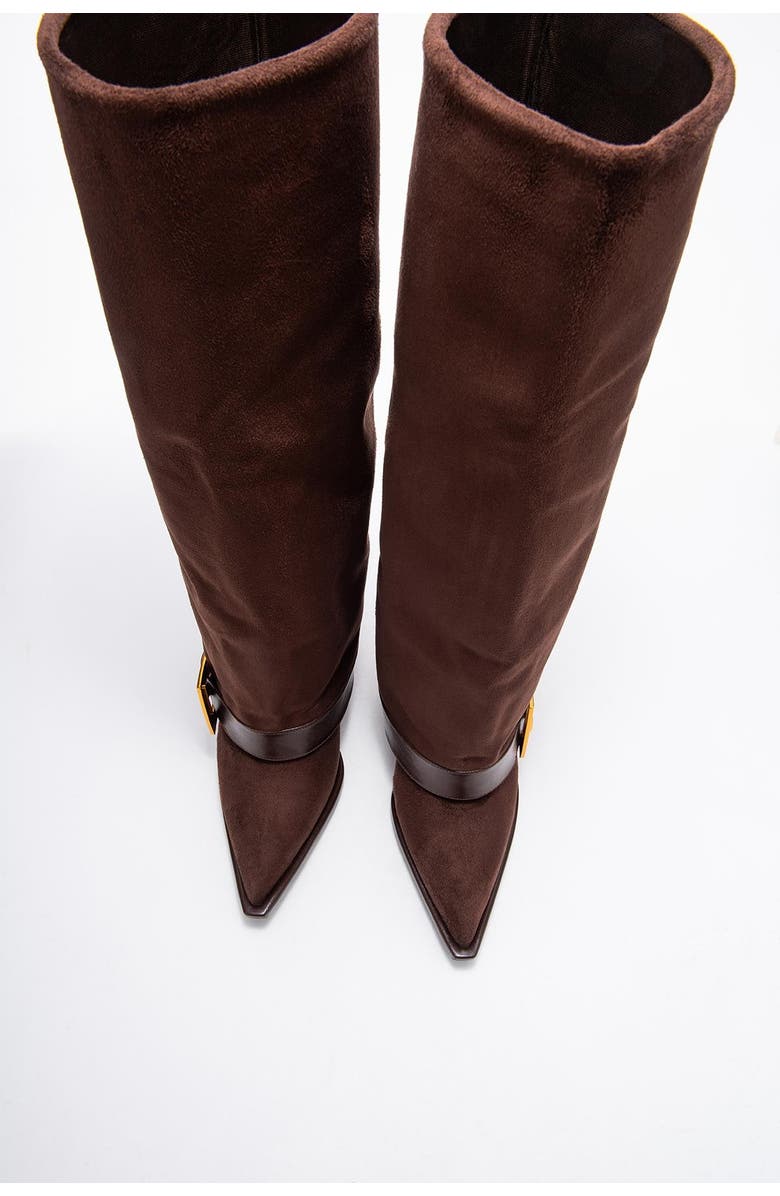 Prologue Shoes Elva Buckle Strap Knee High Boot, Alternate, color, Brown Suede Faux Leather