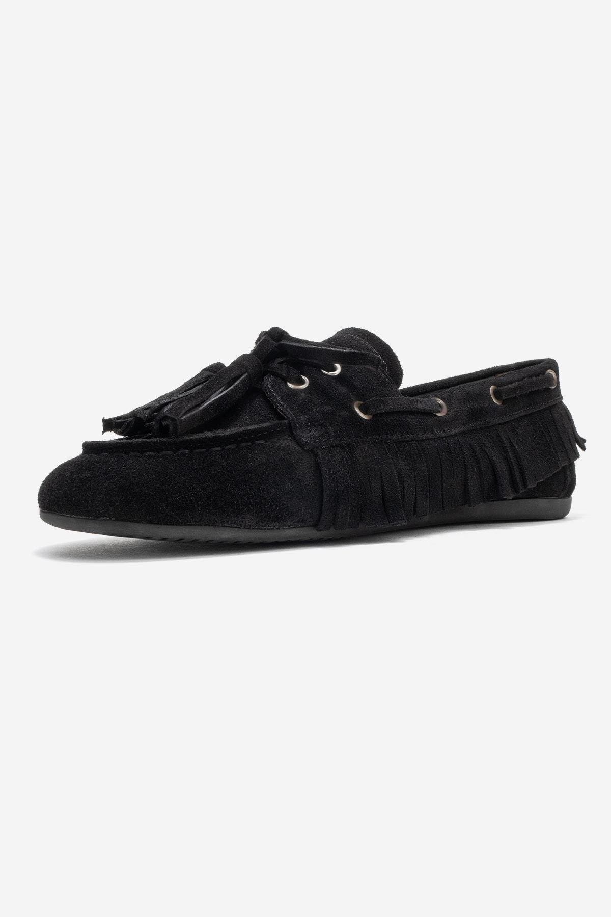 Forever & Always Shoes Fenora Leather Tassel Loafer, Alternate, color, Black Suede Leather