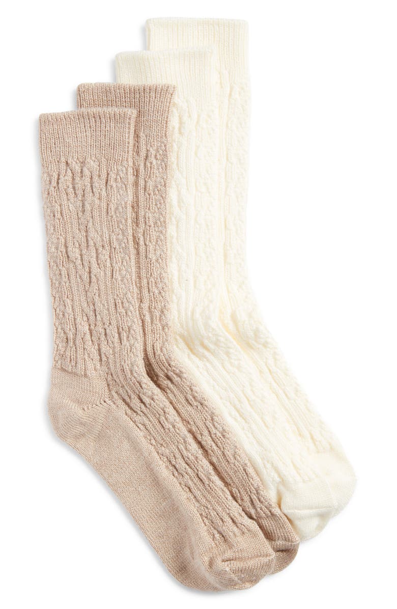 Hue Assorted 2-Pack Cable Crew Socks, Main, color, Ivory