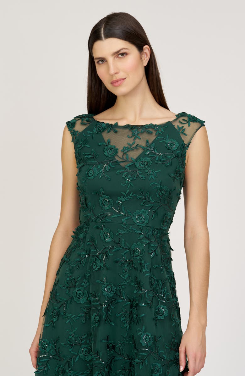 JS Collections Viviana Embroidered Sequin Floral Cocktail Midi Dress, Alternate, color, Jewel Green