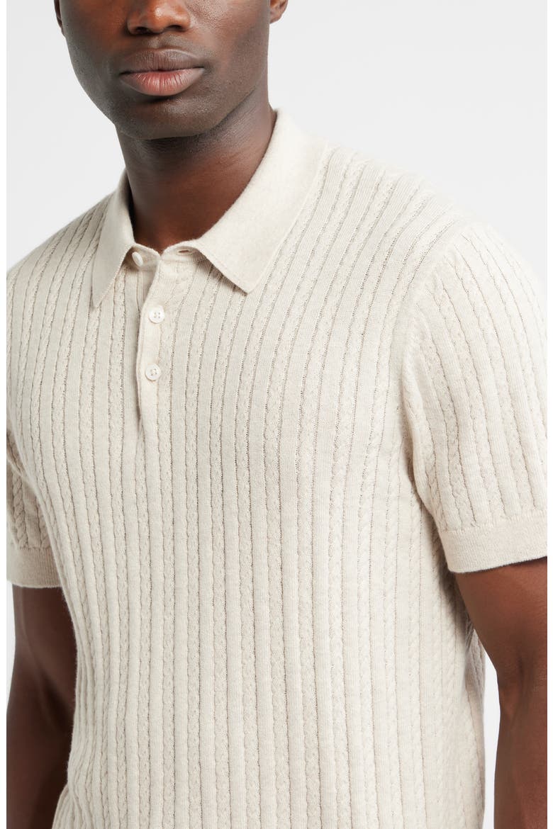 Cabled Cotton & Cashmere Polo Sweater, Alternate, color, IVORY SAND HEATHER