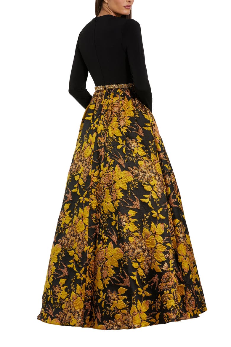 High Neck Long Sleeve Jersey And Brocade Ballgown, Alternate, color, Black Gold