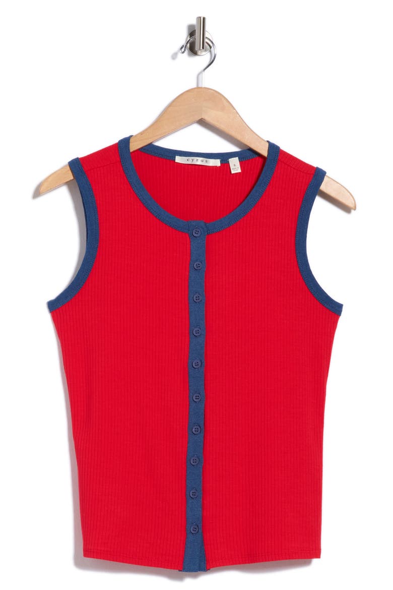 Contrast Trim Ribbed Button Front Vest, Alternate, color, SO RED / MEDIUM WASH