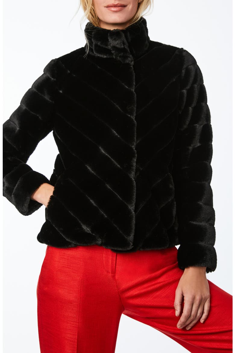 Chevron Faux Fur Jacket, Alternate, color, BLACK