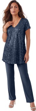 Roaman's Plus Size 2 Piece S/S Sequin Top And Pant Set