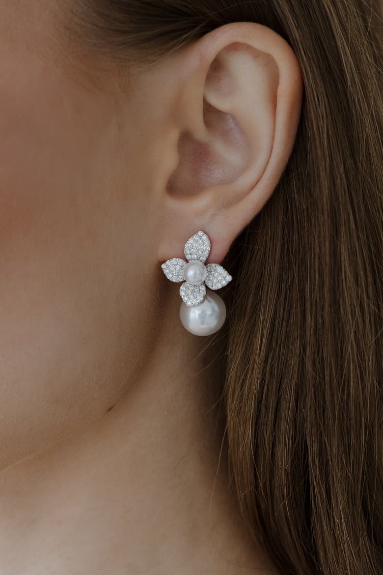 Magnolia Pearl and Crystal Earrings, Alternate, color, Metallic Silver