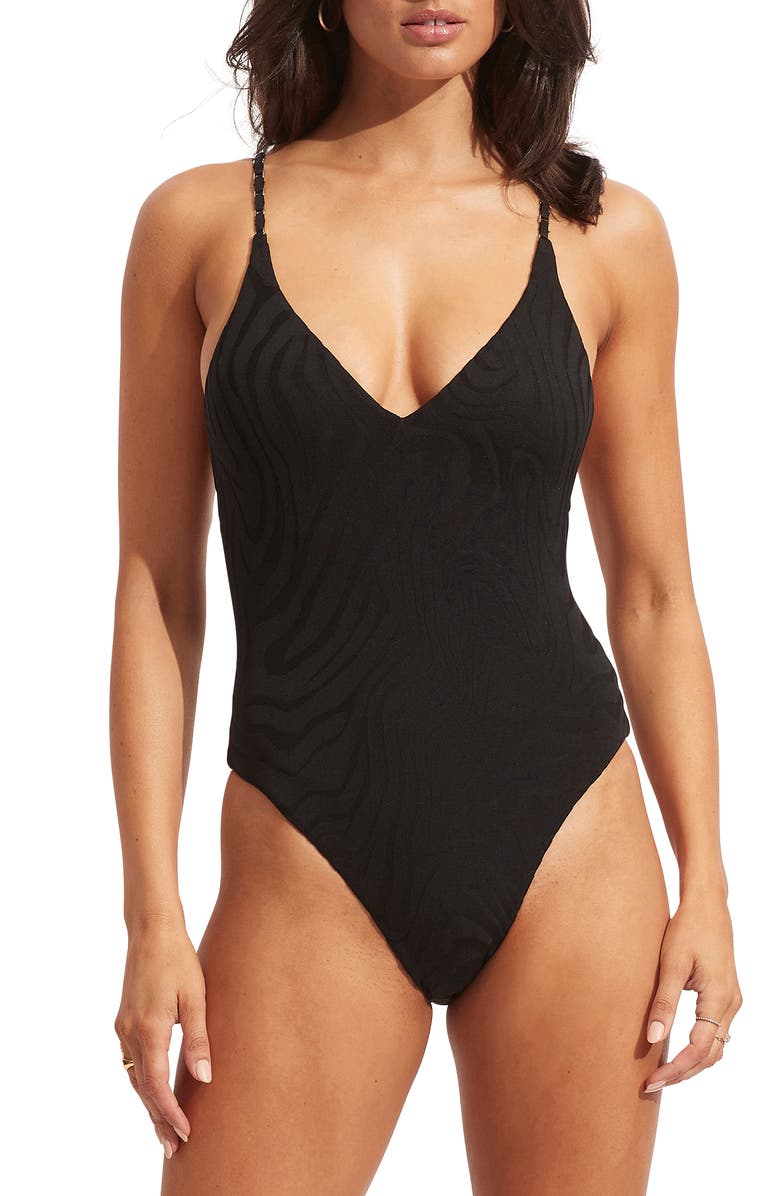 Seafolly Second Wave V-Neck One-Piece Swimsuit, Main, color,