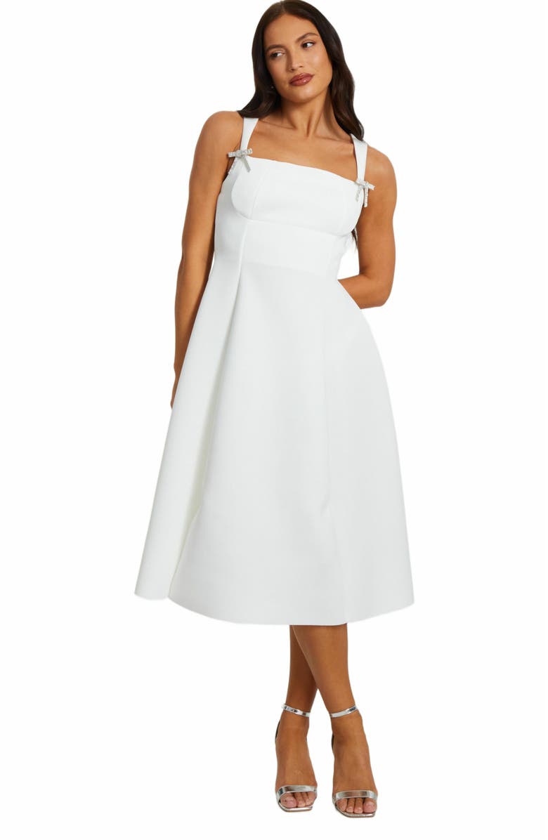 QUIZ Scuba Foam Midi Skater Dress with Diamante Bows, Main, color, White