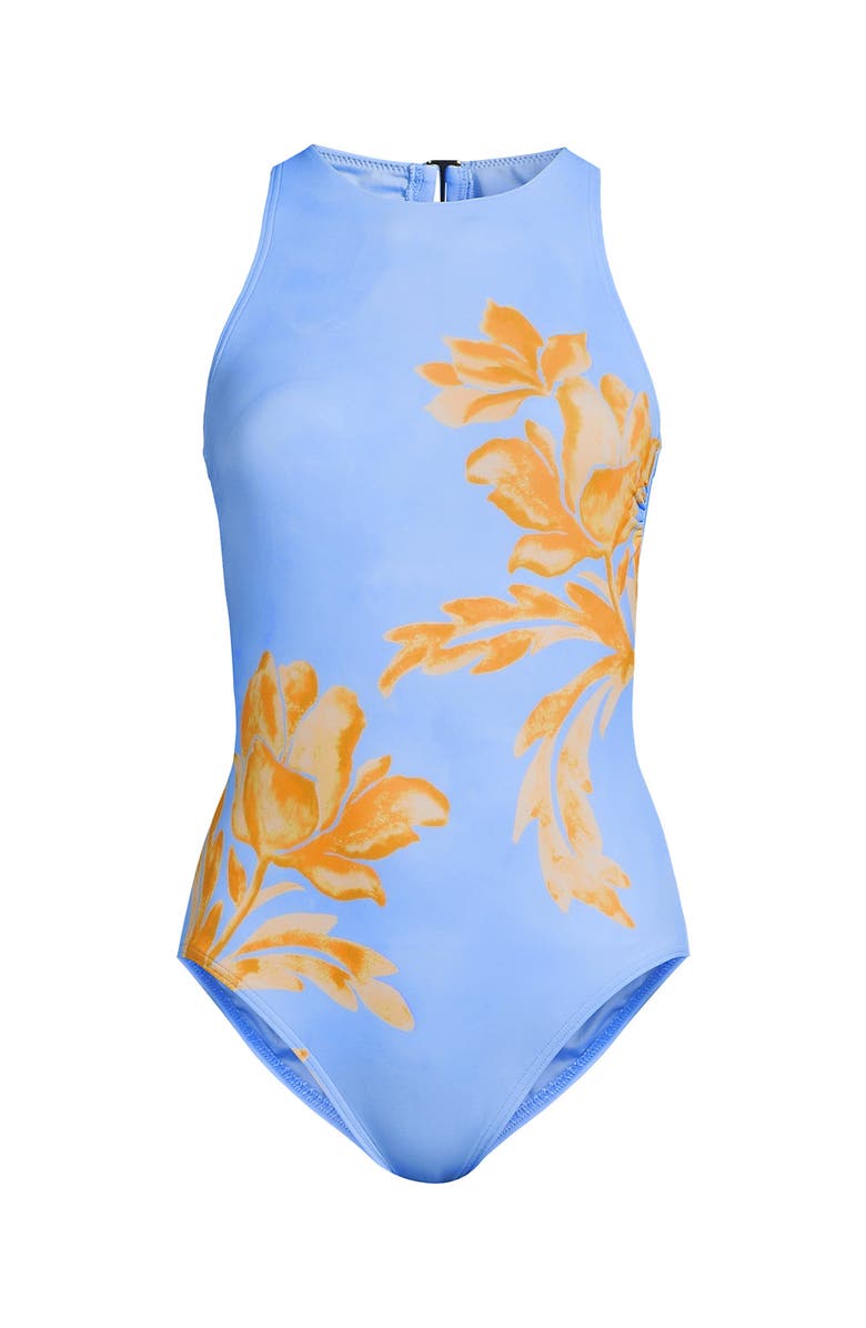 Lands
 End Tugless High Neck Portrait Back One Piece Swimsuit, Alternate, color, Blue Elegant Floral Placement