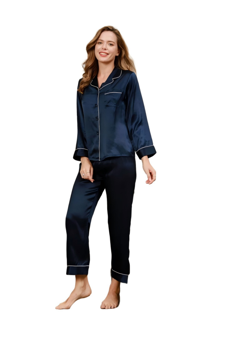 Women's Full Length Pure Silk Pajamas Set, Main, color, Dark Blue