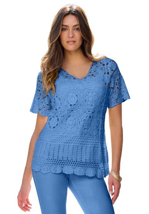 Plus Size Medallion Pattern French Crochet Sweater Top (Plus)