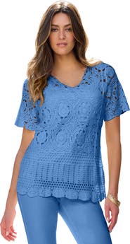 Roaman's Plus Size Medallion Pattern French Crochet Sweater Top