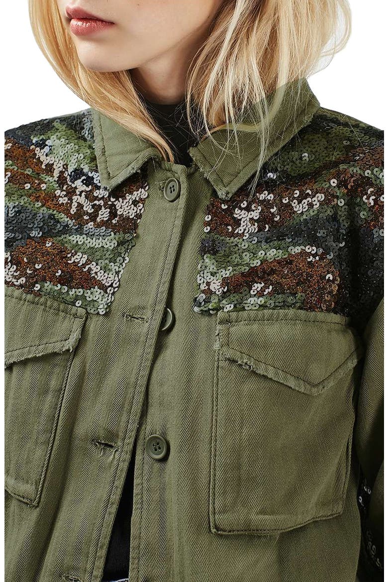 Camo Sequin Shirt Jacket, Alternate, color, OLIVE
