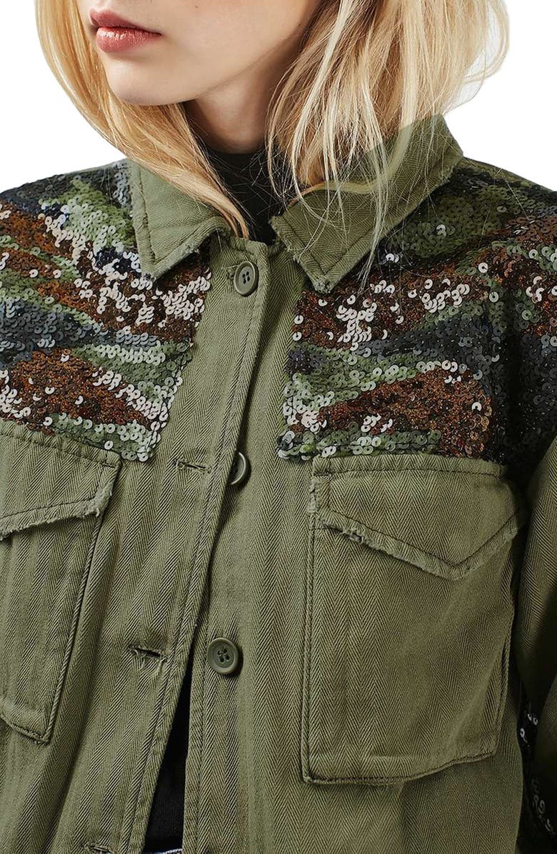 Topshop Camo Sequin Shirt Jacket, Alternate, color, 