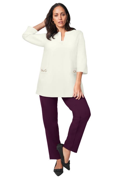 Gold Detail Split Neck Stretch Knit Tunic