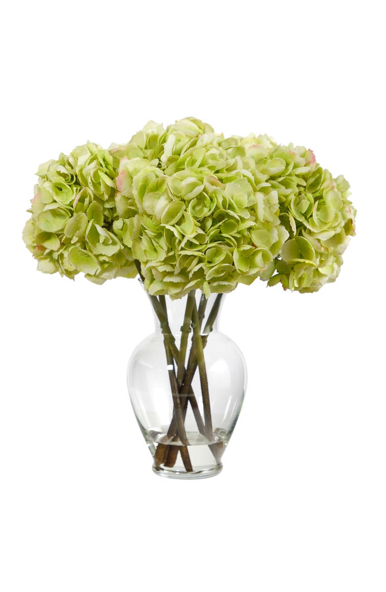 NEARLY NATURAL 18-in Hydrangea Artificial Arrangement in Glass Vase, Main, color, Green