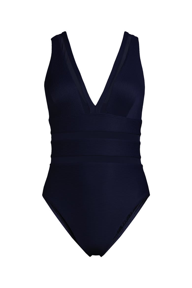 Mesh Plunge High Leg One Piece Swimsuit, Alternate, color, Blue Multi Abstract Floral