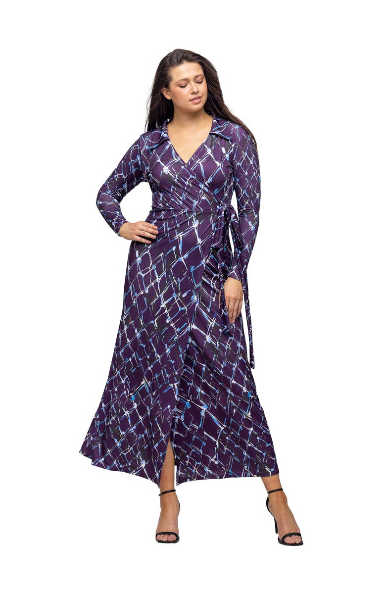 24seven Comfort Apparel Collared Wrap Maxi Dress, Main, color, Purple Multi