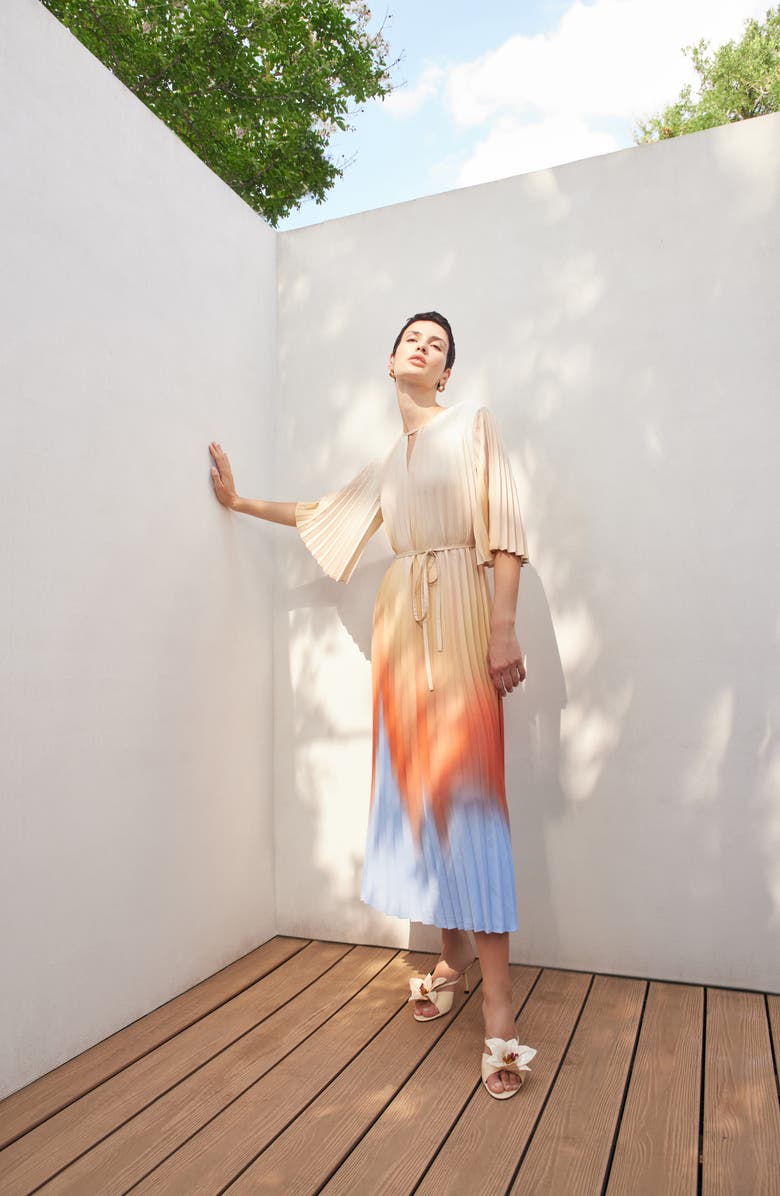 Misook Pleated Ombré Crêpe de Chine Dress, Alternate, color, Arctic