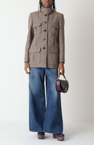 CHLOE | HERRINGBONE WOOL LONG OFFICER JACKET ジャケット Chloé Long Officer Jacket In Herringbone Wool | Chloé US
