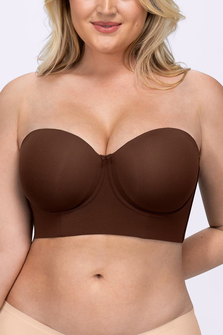 Strapless Convertible Underwire Back Smoothing Multi-Way Longline Bra, Alternate, color, Brown