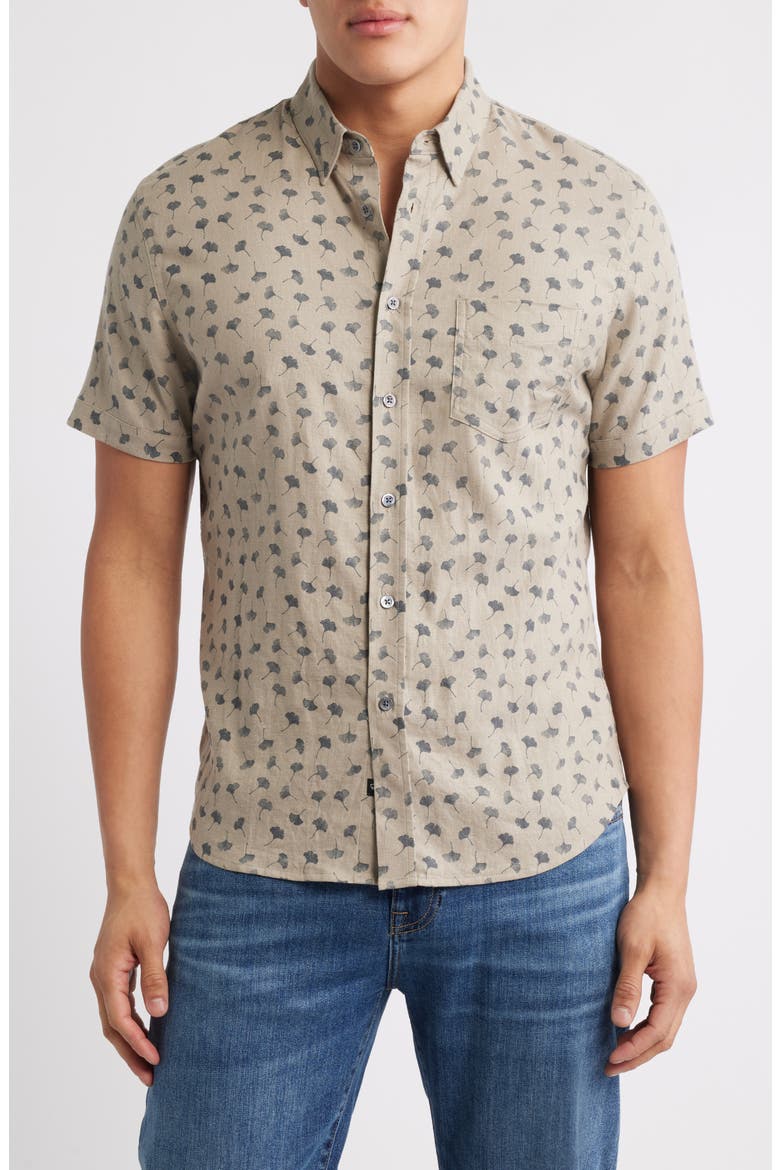 Carson Short Sleeve Stretch Linen Blend Button-Up Shirt, Main, color, JAPANESE GINGKO BULGUR