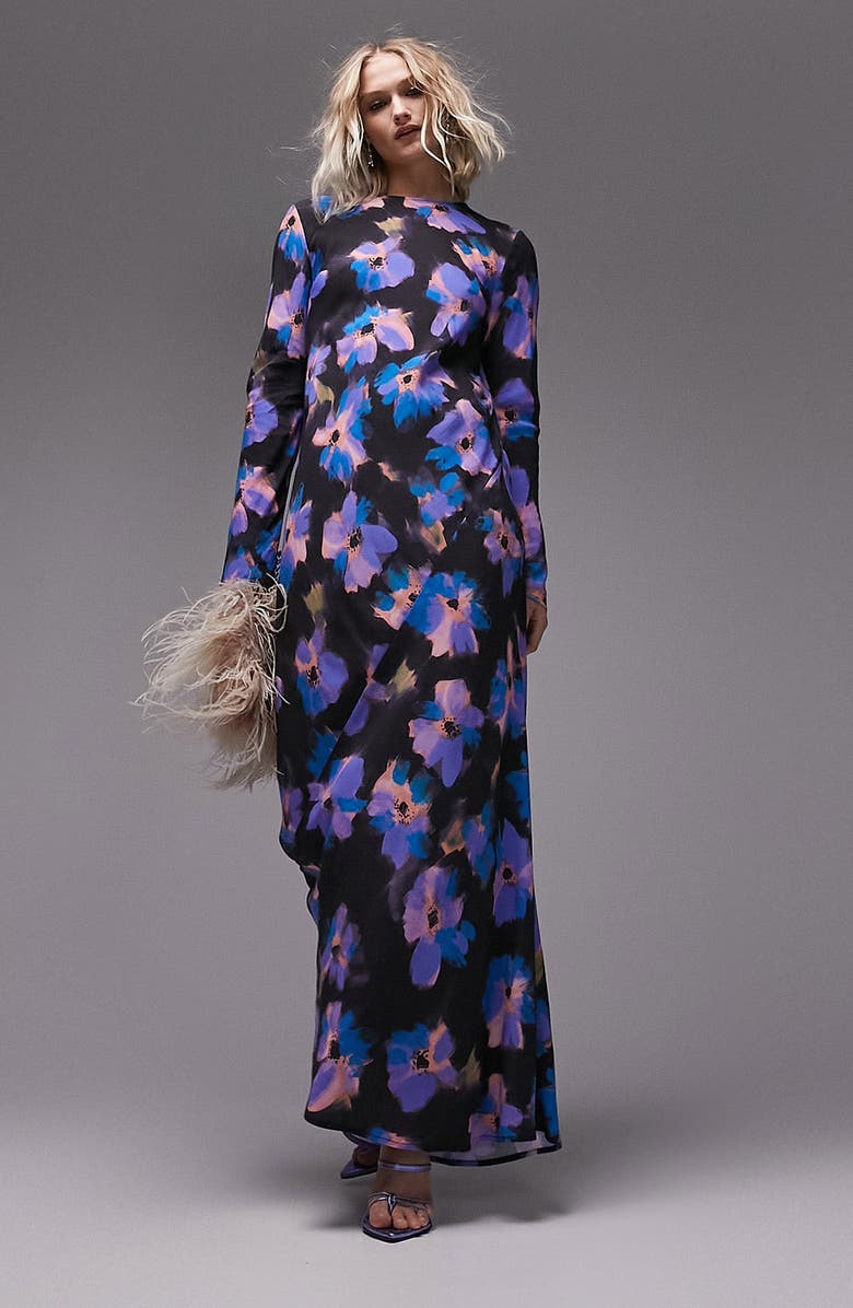 Topshop Floral Cutout Back Long Sleeve Maxi Dress, Main, color,