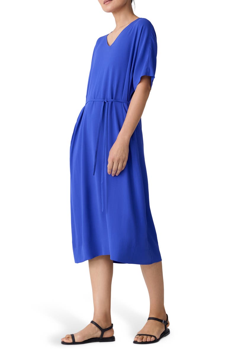 Eileen Fisher V-Neck Silk Midi Shift Dress, Alternate, color, Royal
