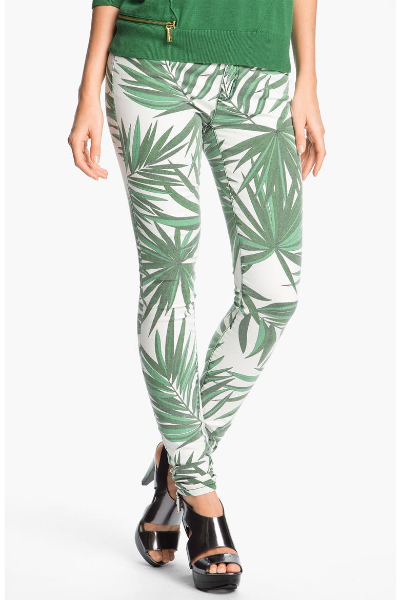 'Tropical Palm' Skinny Jeans, Main, color, KELLY GREEN