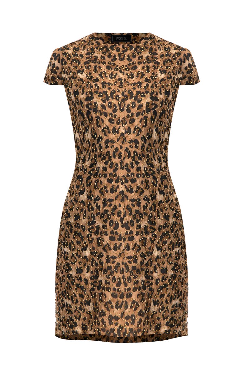 Short Beaded Cap Sleeve Dress with Round Neck, Alternate, color, Brown